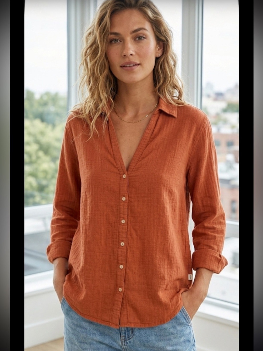 Abercrombie & Fitch Rust Cotton Button Down Blouse Roll Tab Sleeve Med Workwear